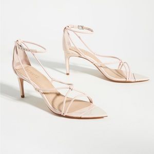 Mid-heel strappy neutral/light pink shoe with ankle strap